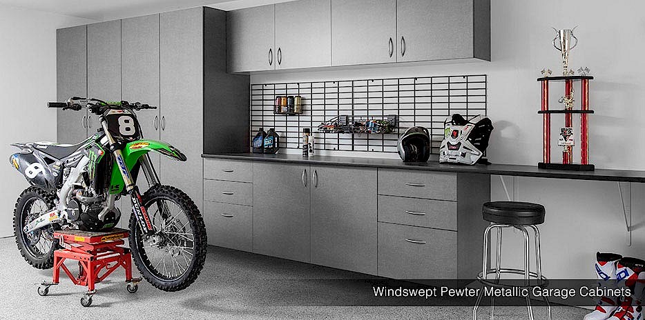 Imitate this sleek look in your custom garage. Pewter metallic cabinets are sleek, beautiful and functional! Imitate this sleek look in your custom garage. Pewter metallic cabinets are sleek, beautiful and functional!